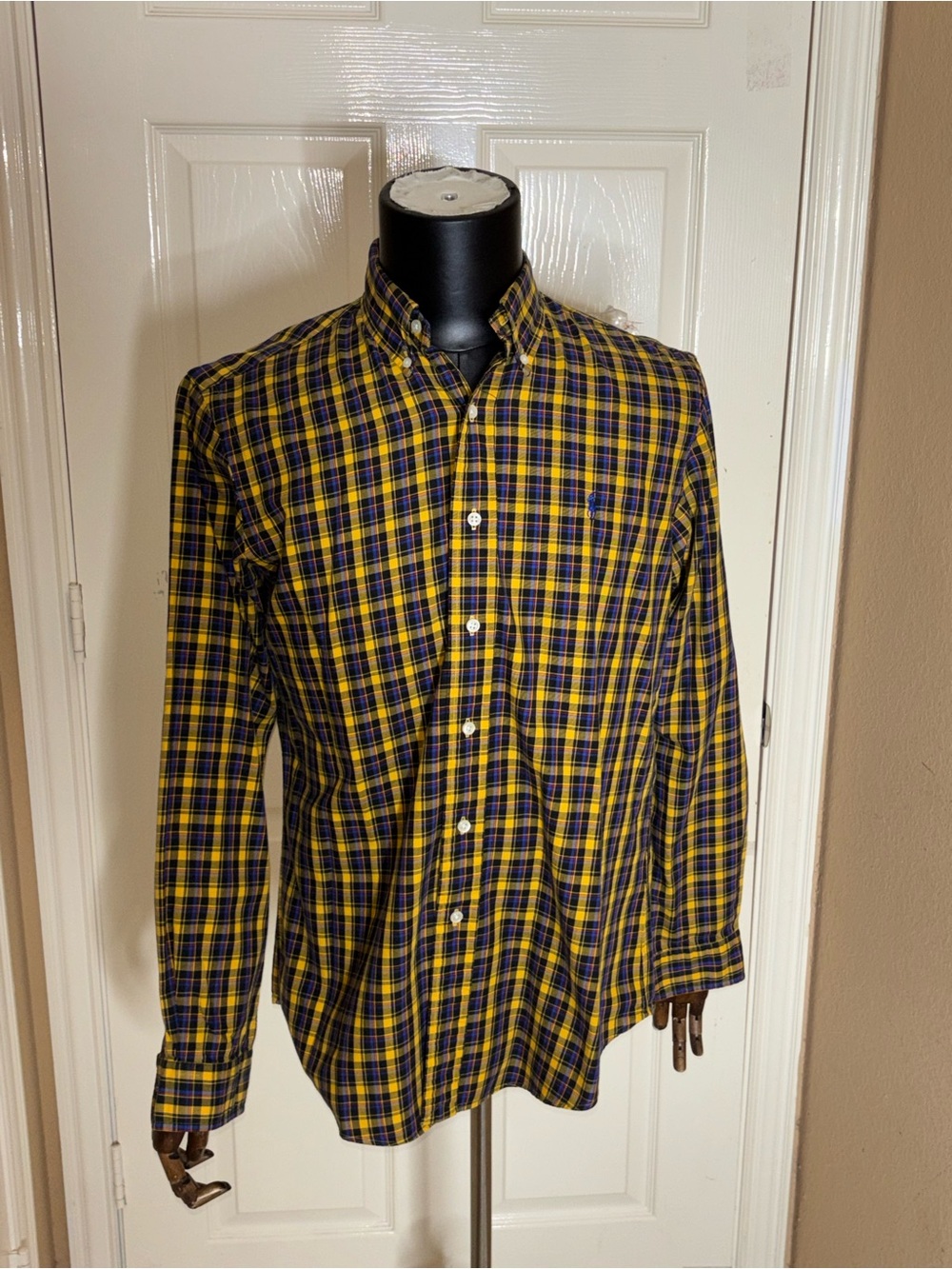 Ralph Lauren Shirt Men M Long Sleeve Custom Fit Yellow Blue Plaid Cotton Pony - Picture 3 of 8